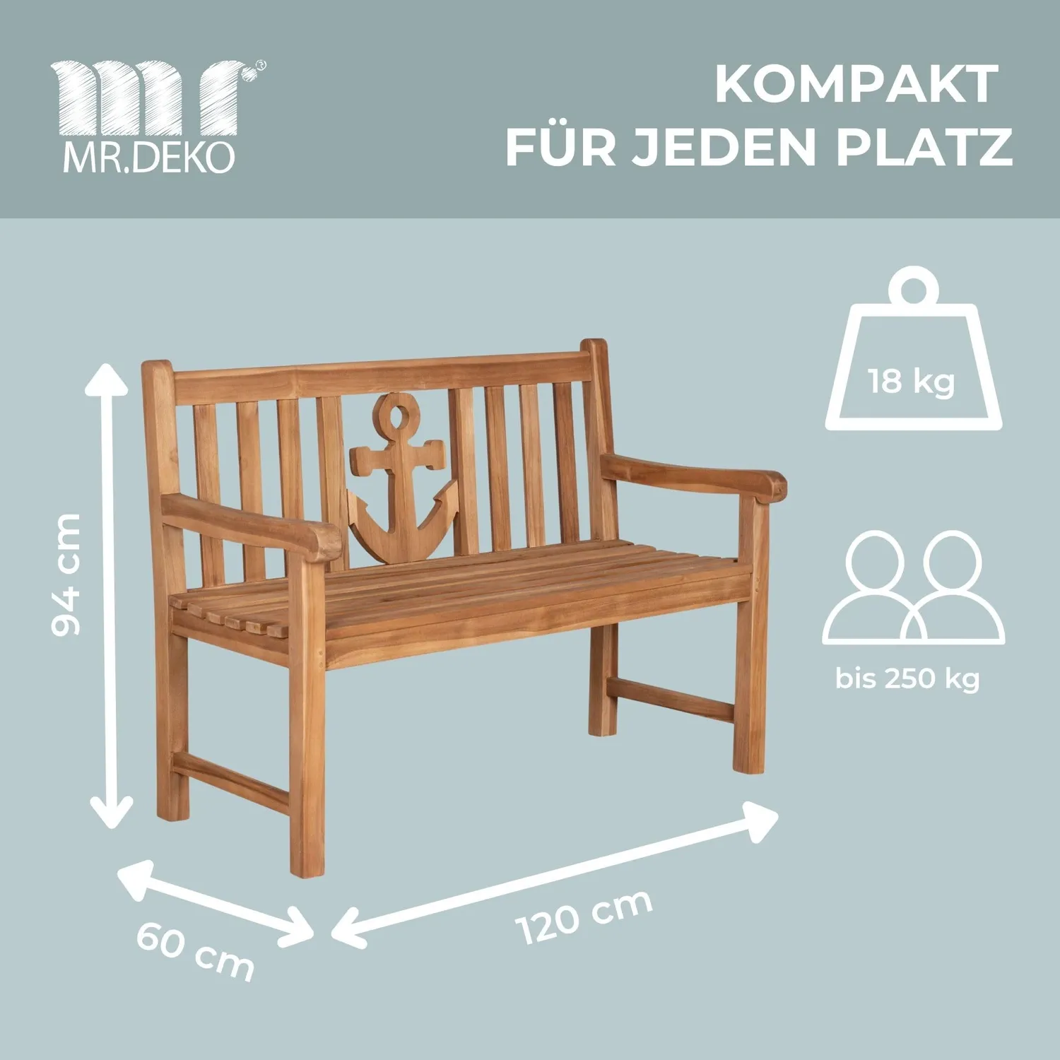 MR.DEKO Motiv Anker Gartenbank 120 cm Teakholz wetterfest