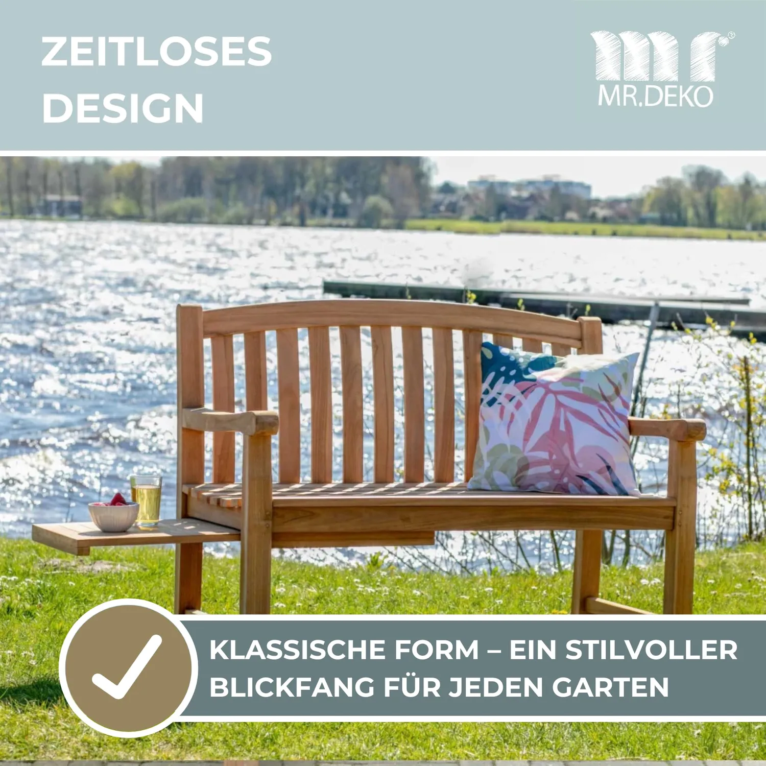 MR.DEKO Lancaster Gartenbank 120 cm Teakholz mit Ablagetisch