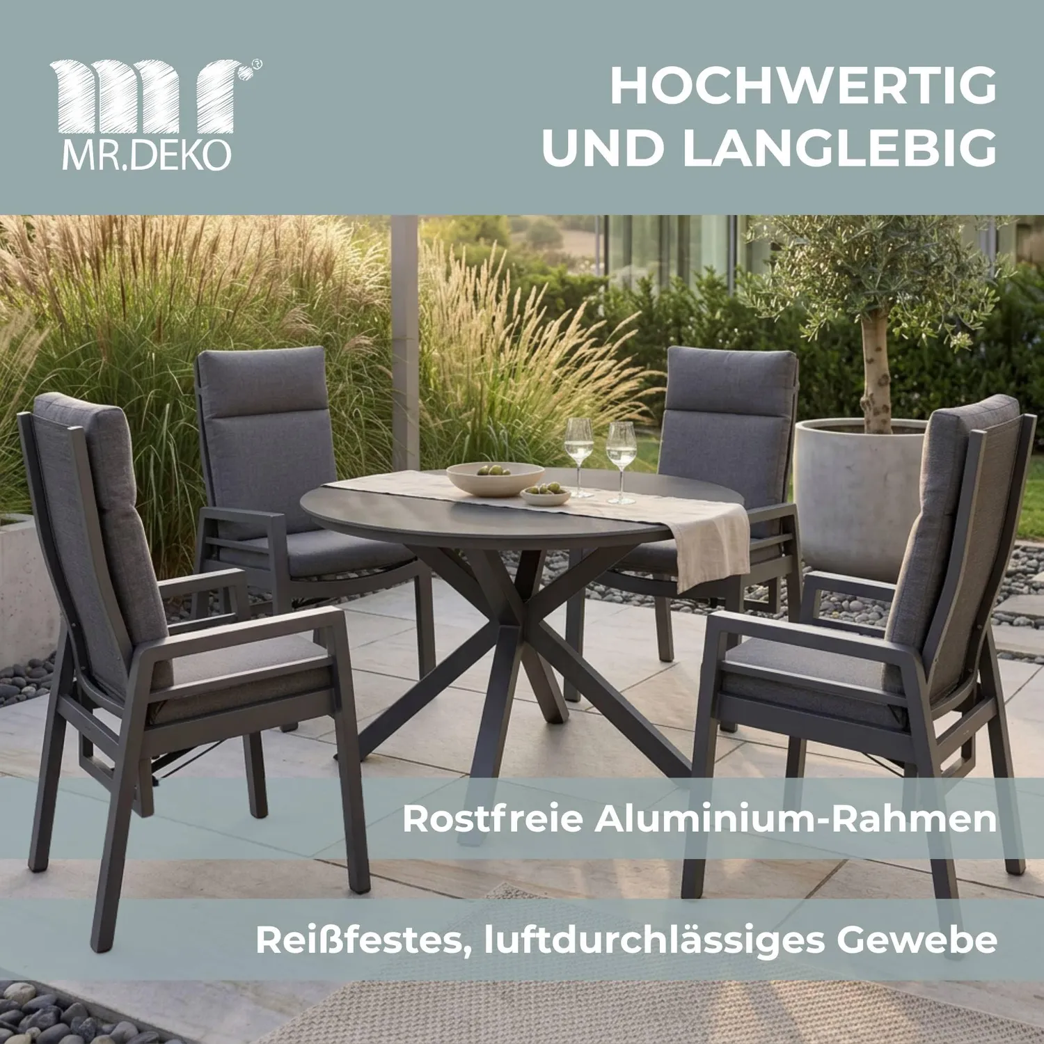 MR.DEKO Merida Relaxsessel Aluminium Textilene Anthrazit mit Kissen