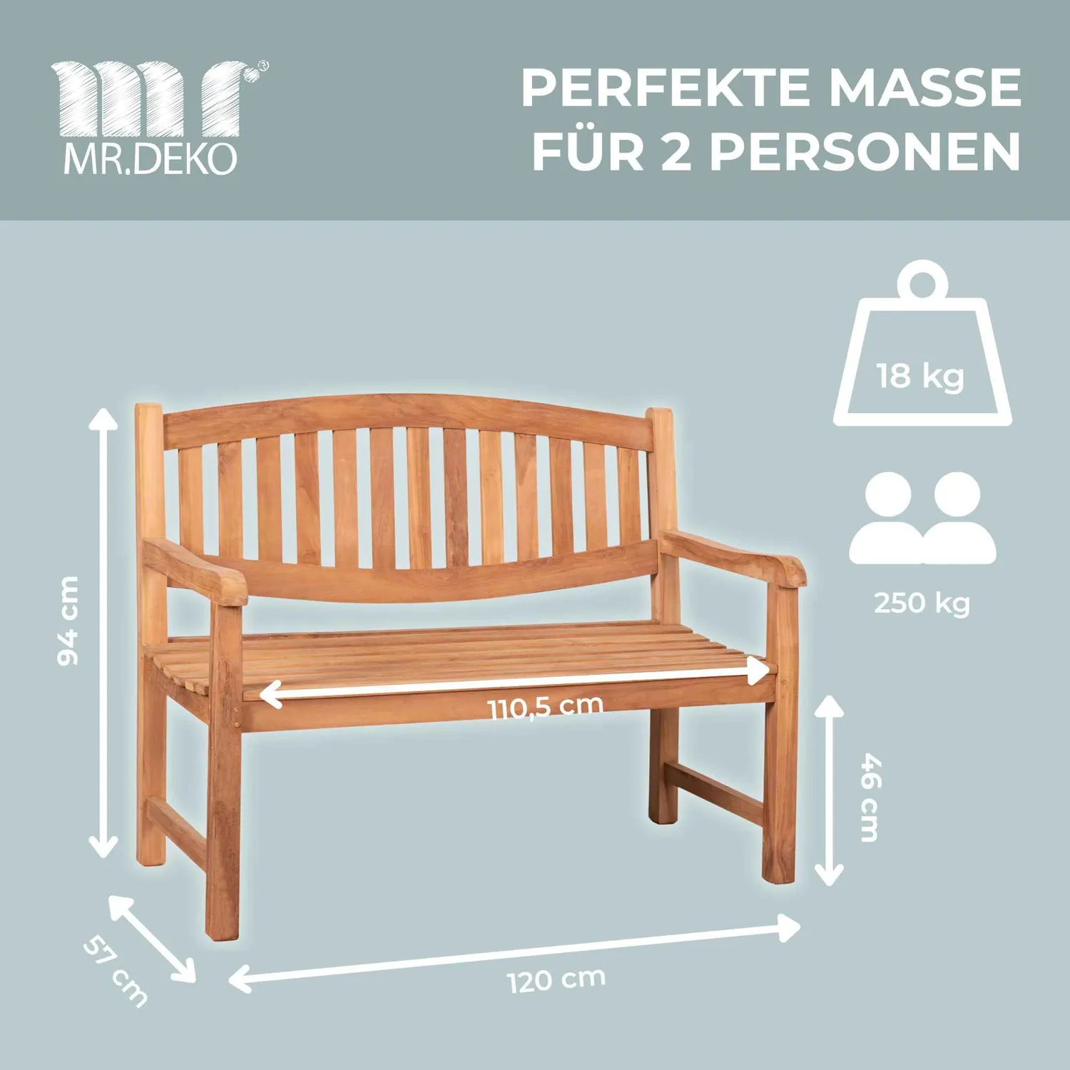 MR.DEKO Bradford Gartenbank 2-Sitzer Teak 120 cm wetterfest