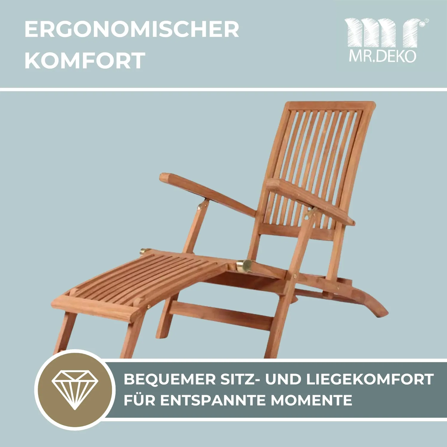 MR.DEKO Yacht Deckchair 170 cm Teakholz Liegestuhl klappbar