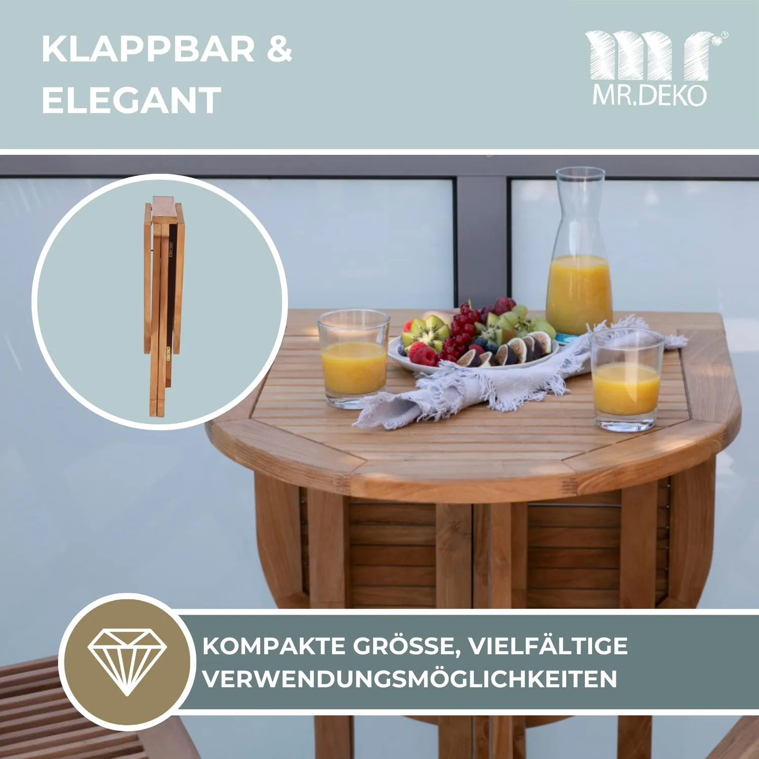 MR.DEKO Balcony Klapptisch 120 cm Teakholz oval