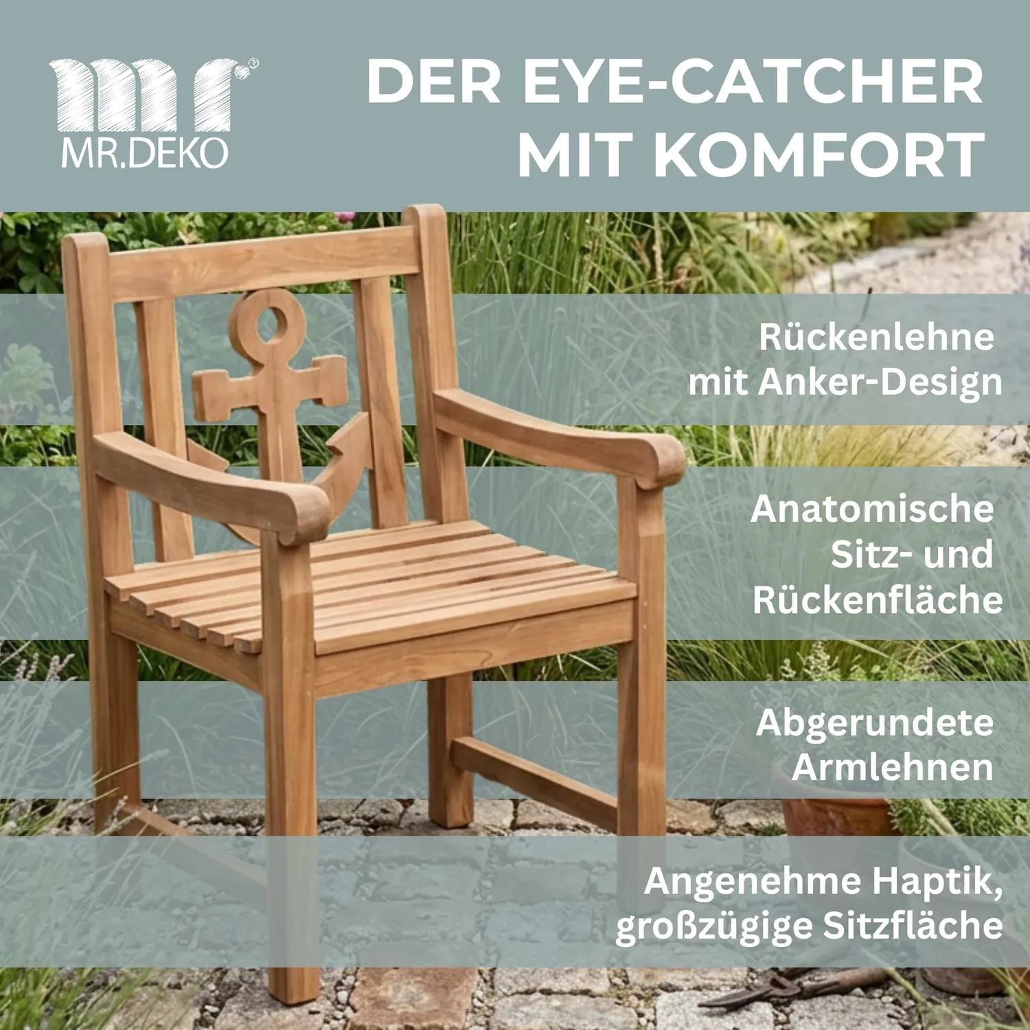 MR.DEKO Anker Gartensessel Teak 60 cm wetterfest