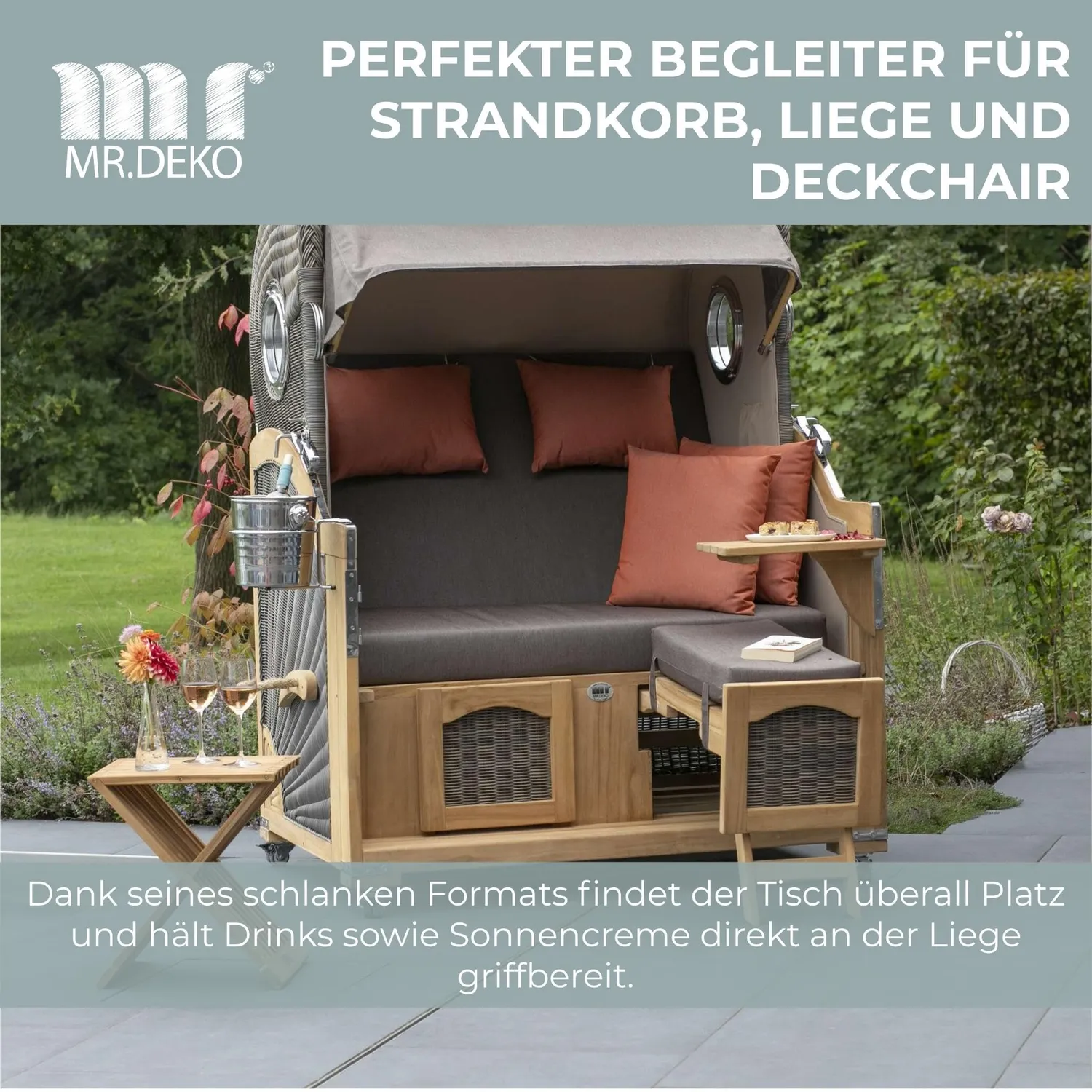 MR.DEKO Fishbone Beistelltisch klappbar 40 cm Teakholz