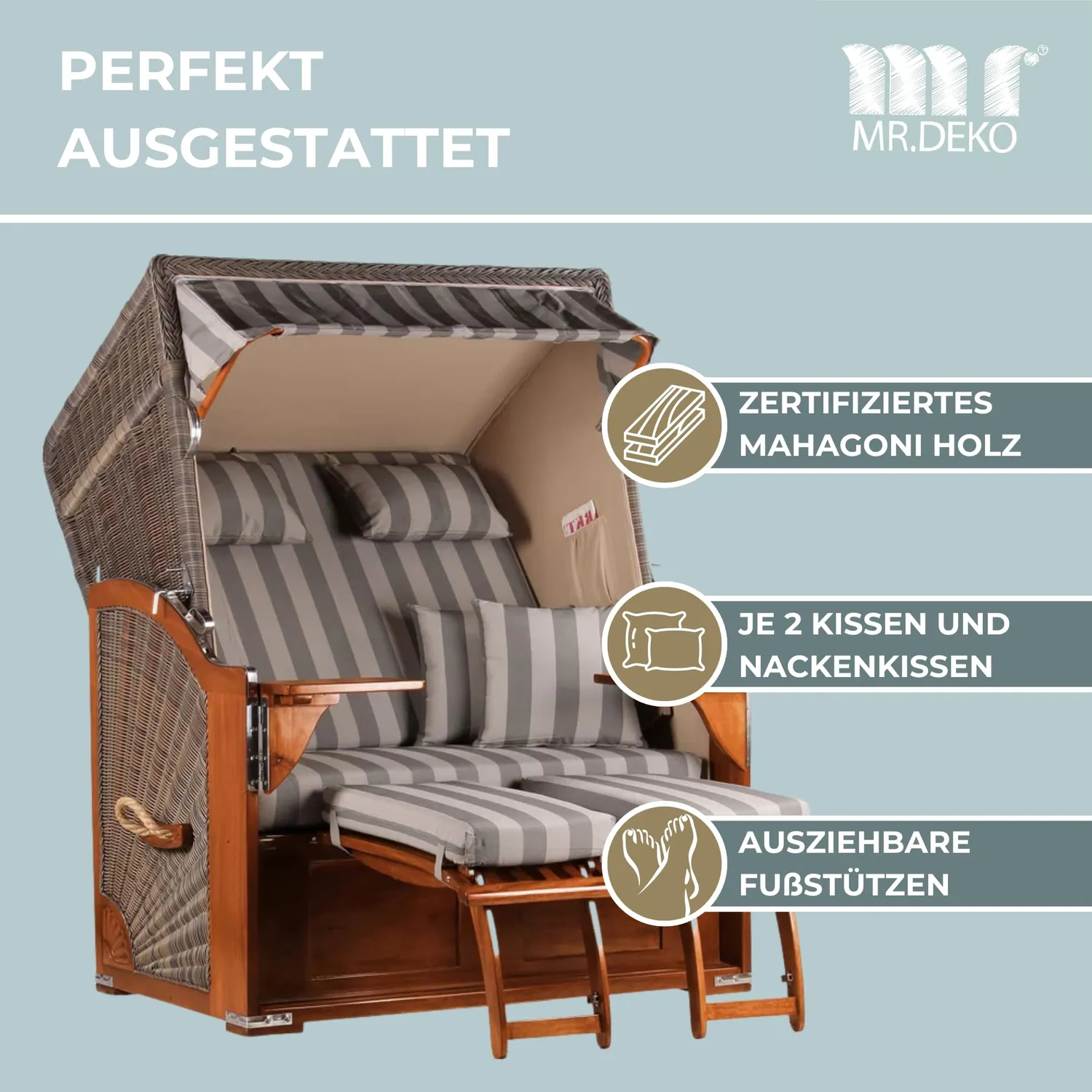 MR.DEKO Seeblick Strandkorb 2-Sitzer Dessin 537 Mahagoni Volllieger