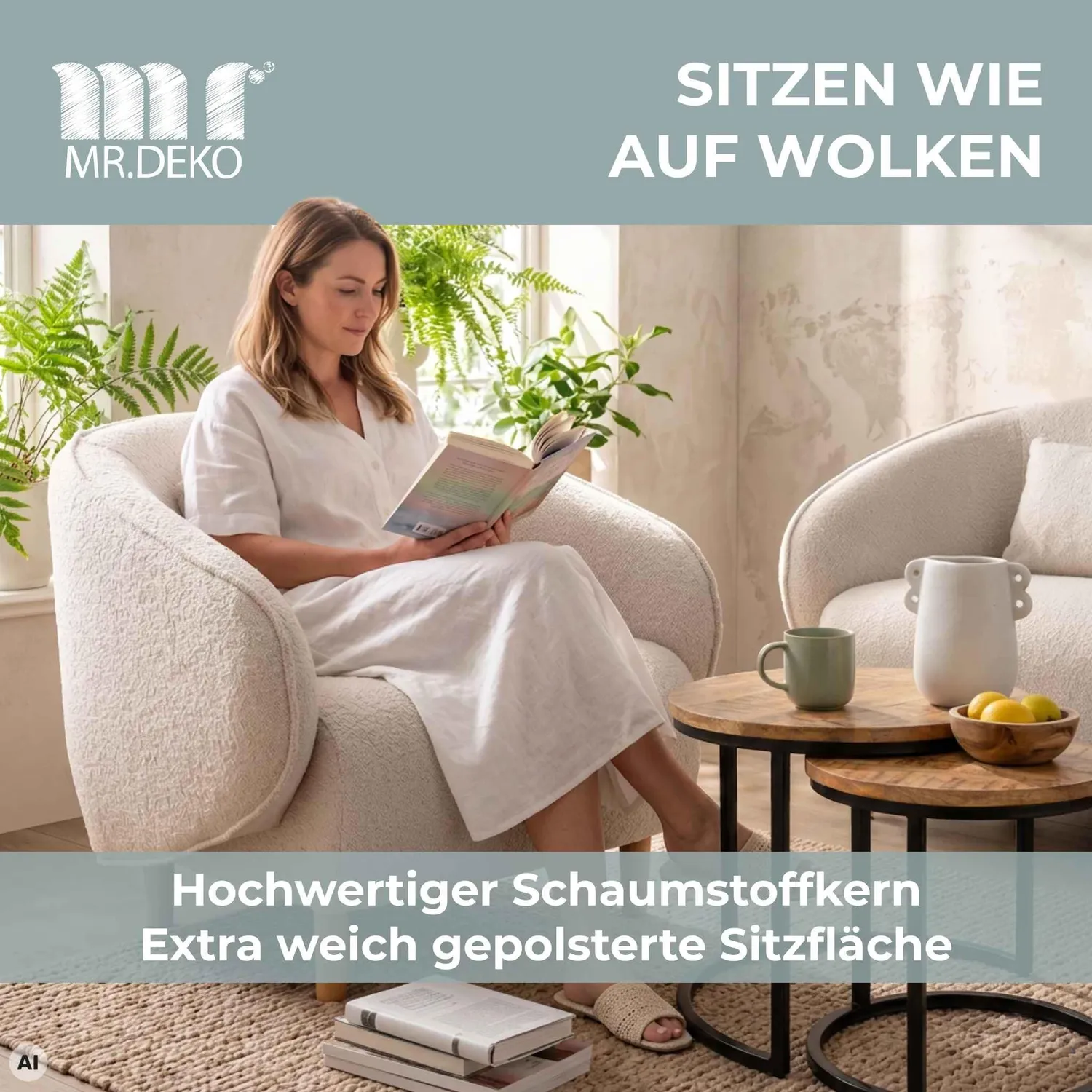 MR.DEKO Relaxsessel mit Armlehnen Polstersessel Massivholz