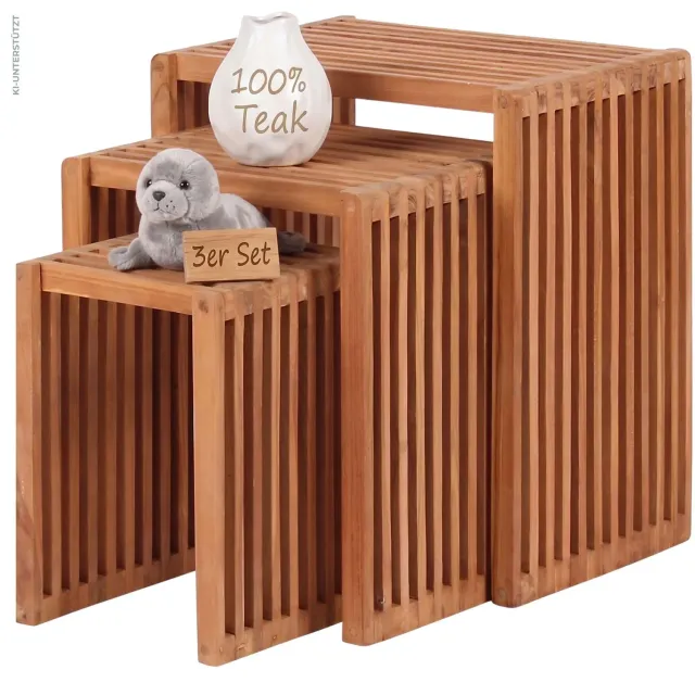 MR.DEKO Beistelltische 3er-Set Satztische Teak wetterfest