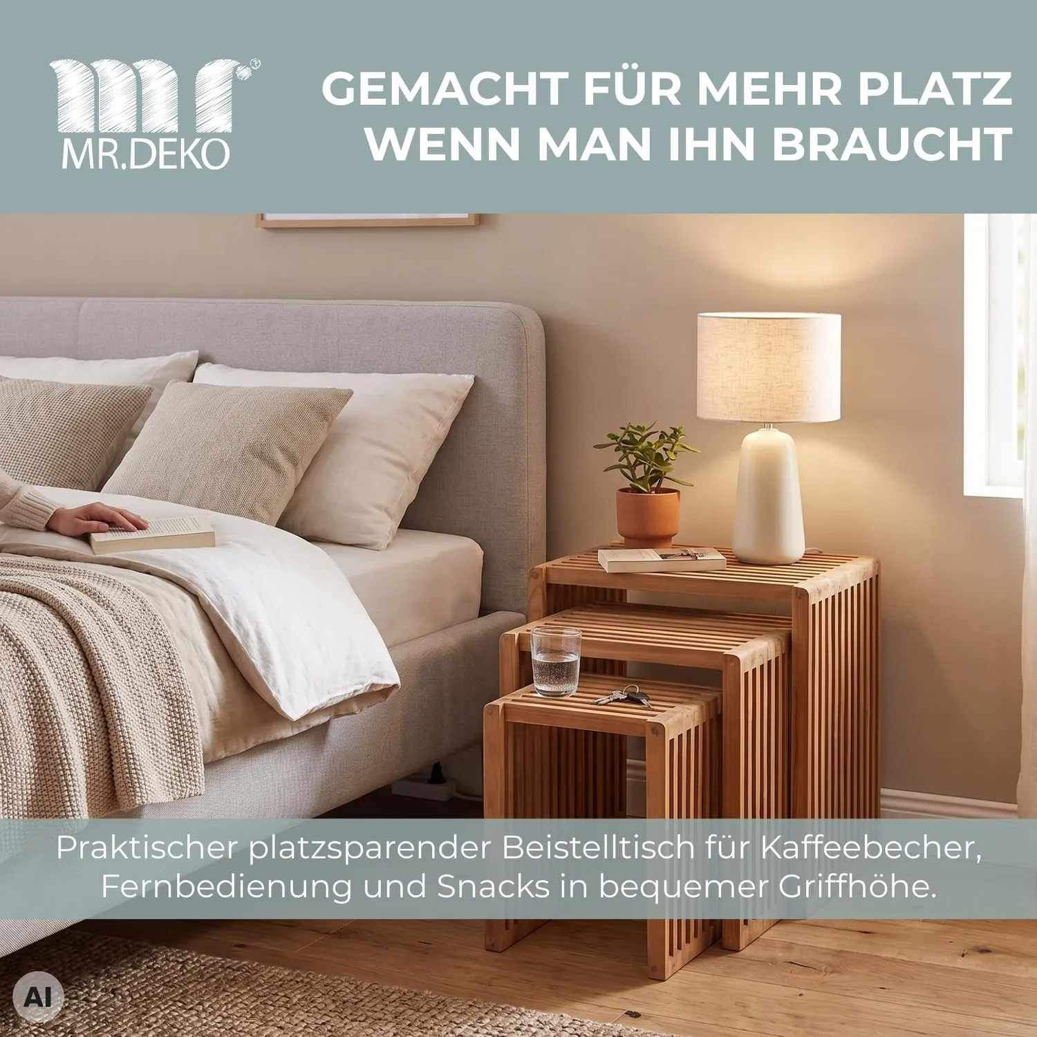 MR.DEKO Beistelltische 3er-Set Satztische Teak wetterfest