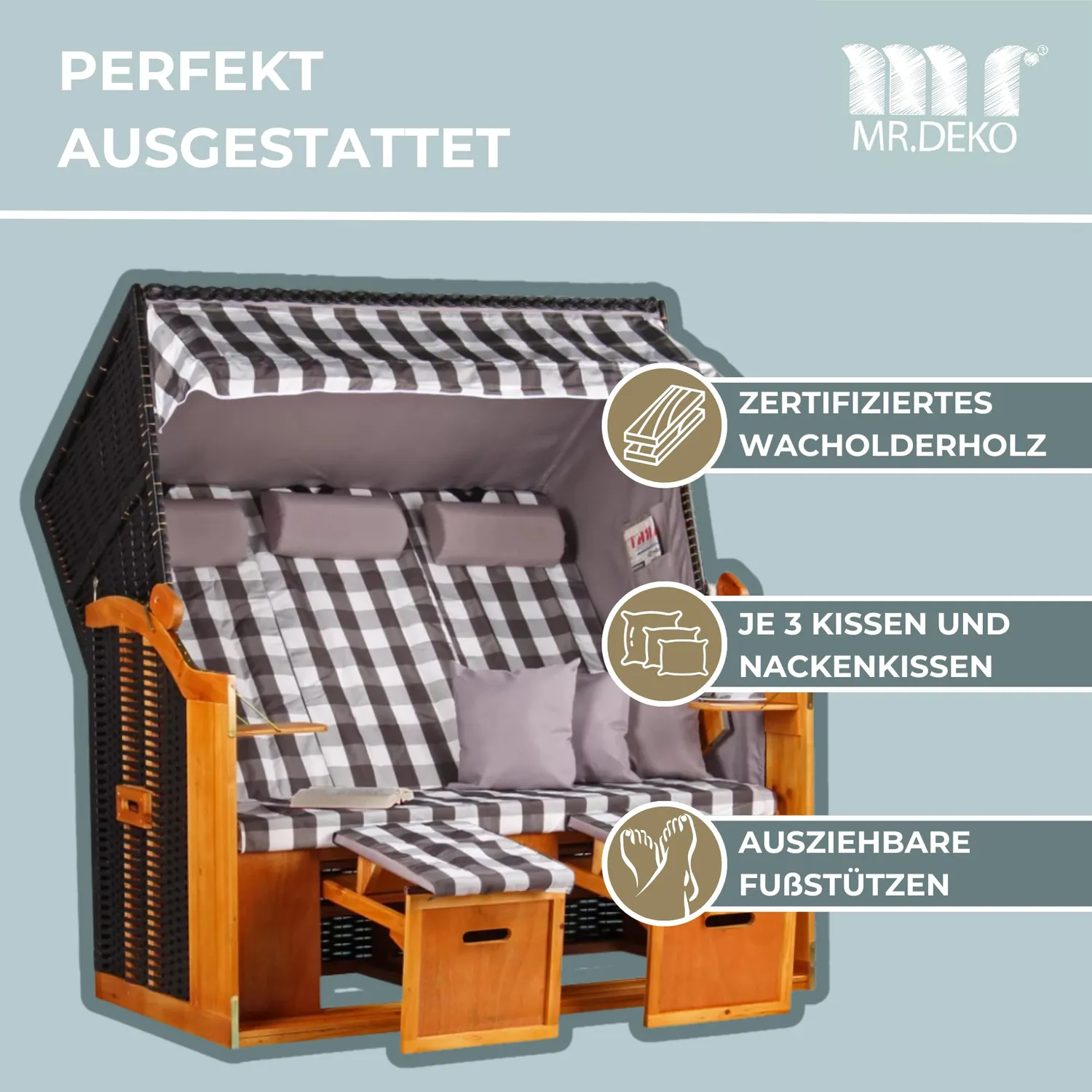 MR.DEKO Ostsee XXL Strandkorb 3-Sitzer Volllieger Dessin Grau Kariert