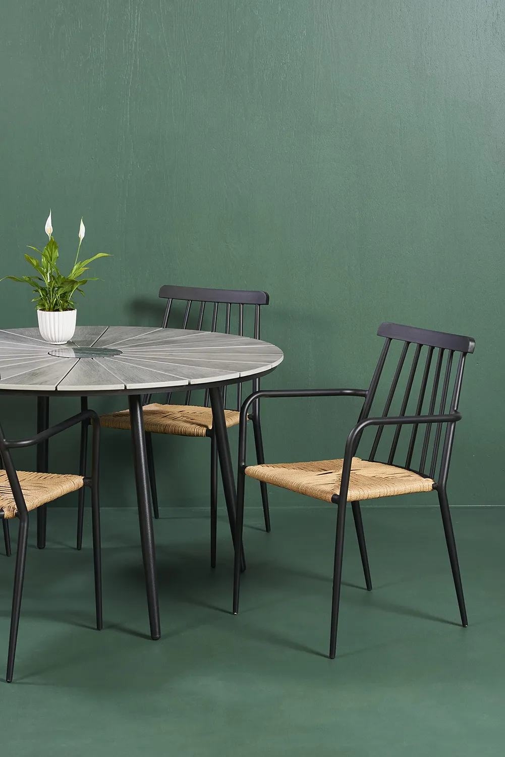 Envy Gartenmöbel-Set 4 Personen Ø120 cm grau stapelbar Polyrattan
