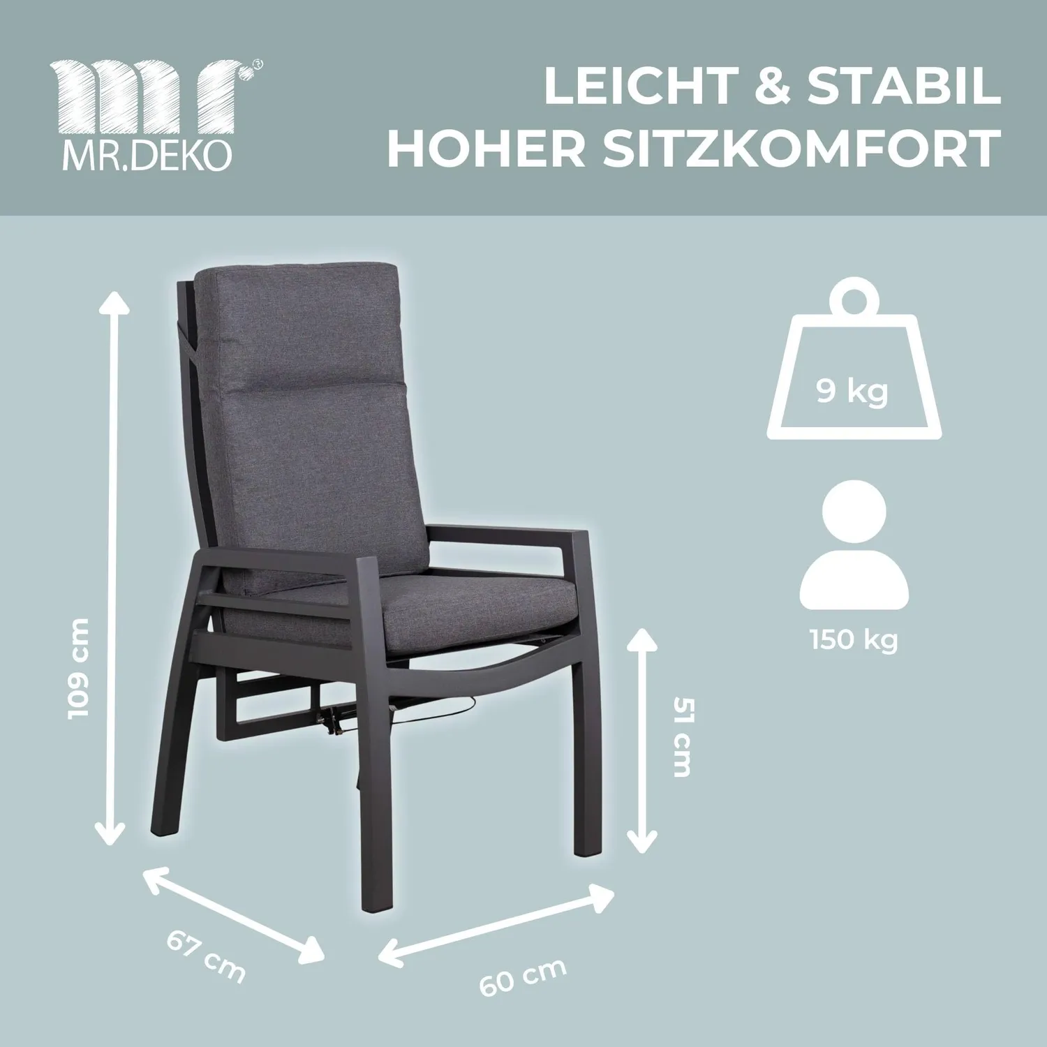 MR.DEKO Merida Relaxsessel Aluminium Textilene Anthrazit mit Kissen