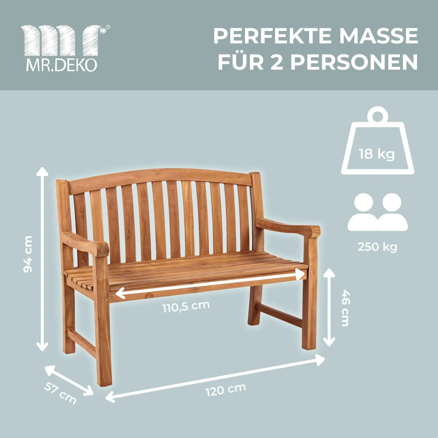MR.DEKO Swindon Gartenbank 120 cm Teak Sitzbank wetterfest