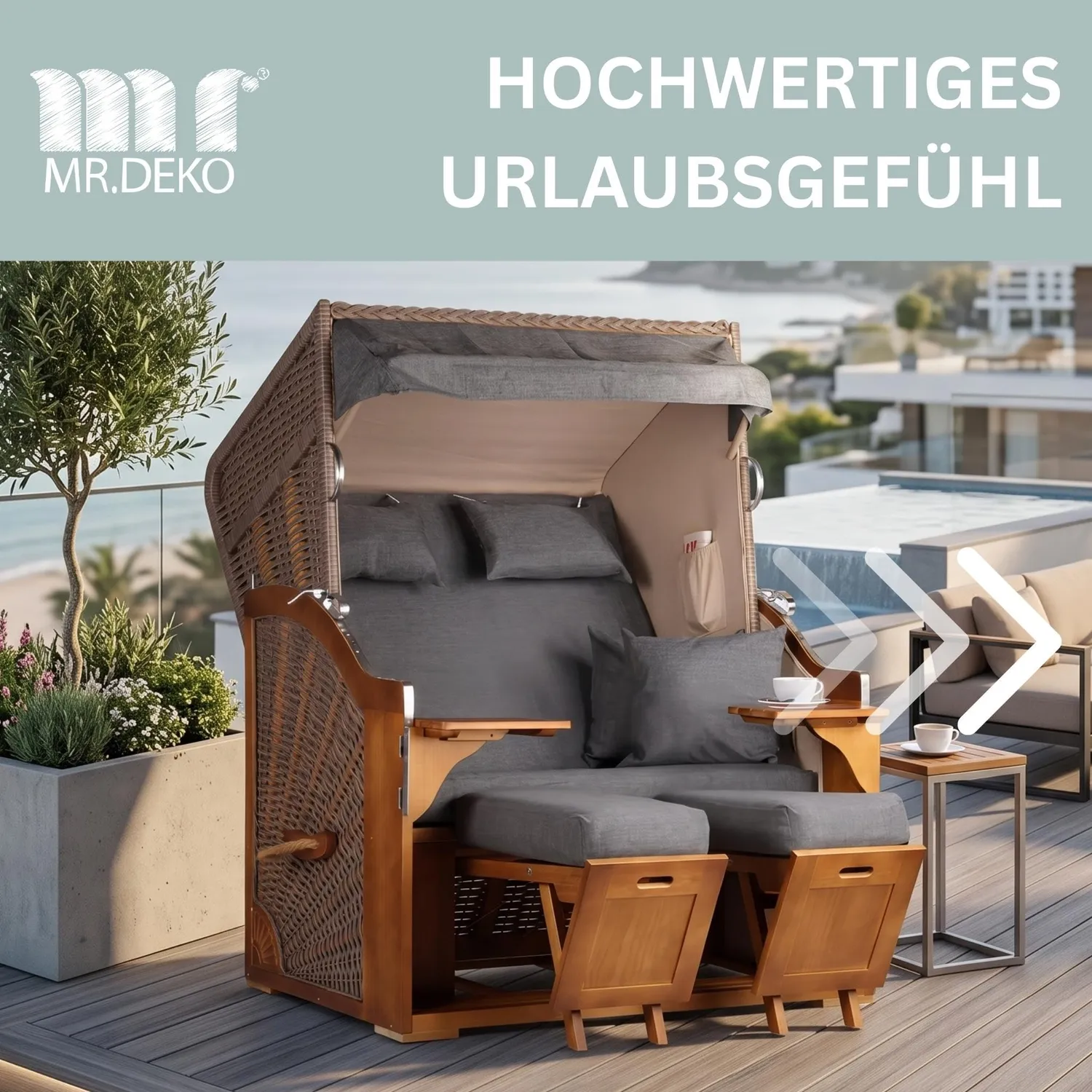 MR.DEKO Schleswig Strandkorb 2-Sitzer Dessin 560 Uni Grau