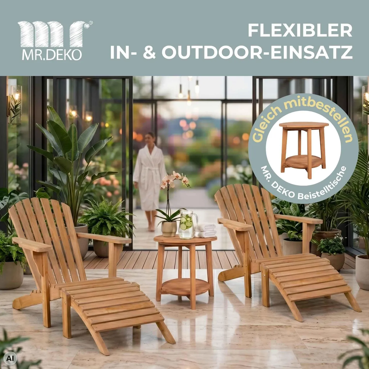 MR.DEKO Montreal Adirondack Sessel Teakholz mit Fußteil wetterfest