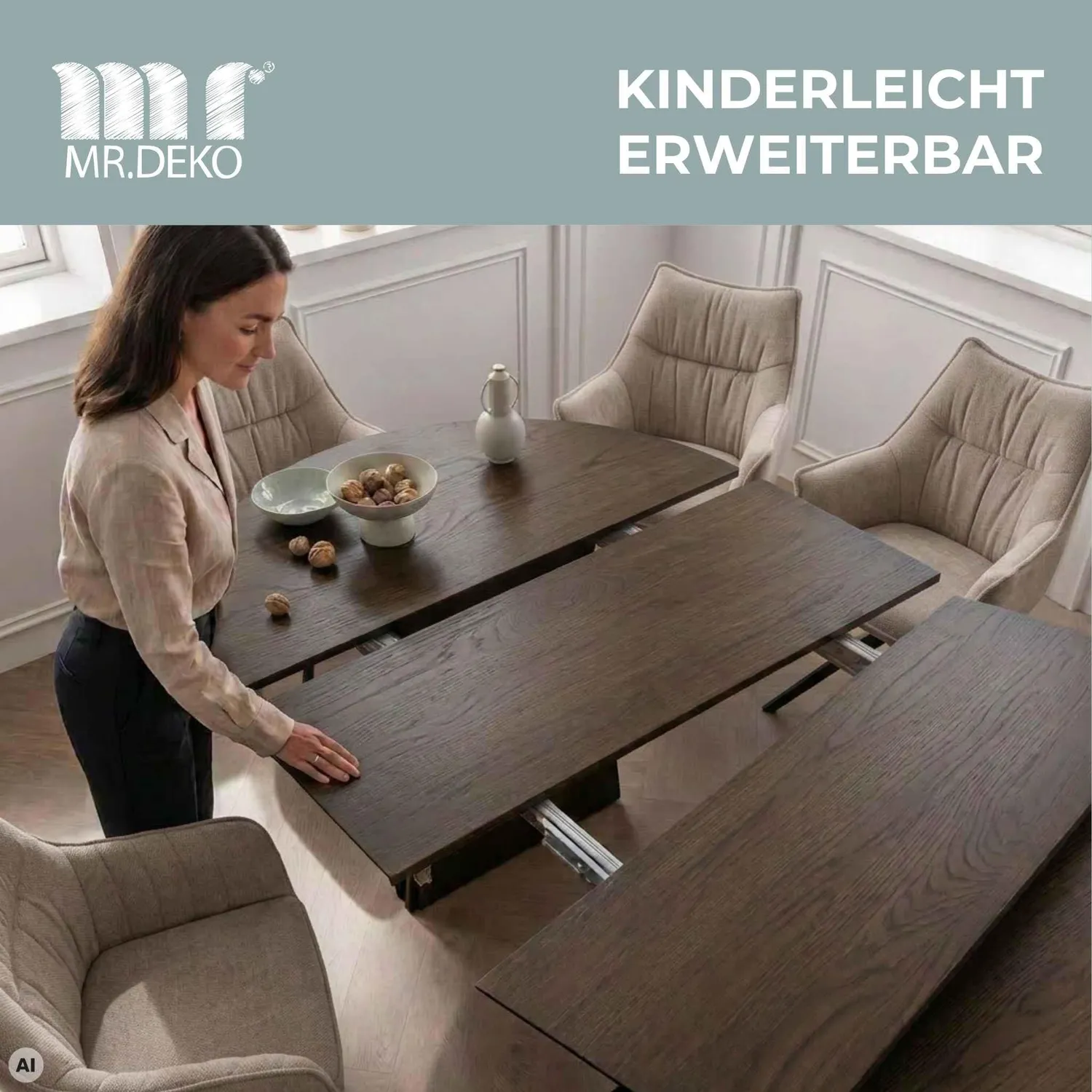 MR.DEKO Barletta Ausziehbarer Esstisch 120/210 cm Braun Eiche