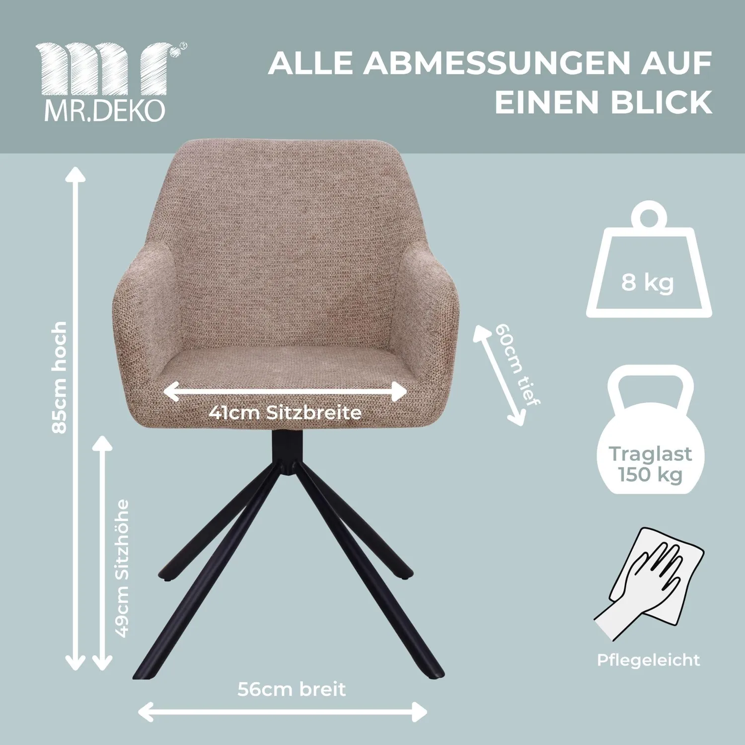 MR.DEKO Cuneo Esszimmerstuhl Polsterstuhl Hellbraun drehbar
