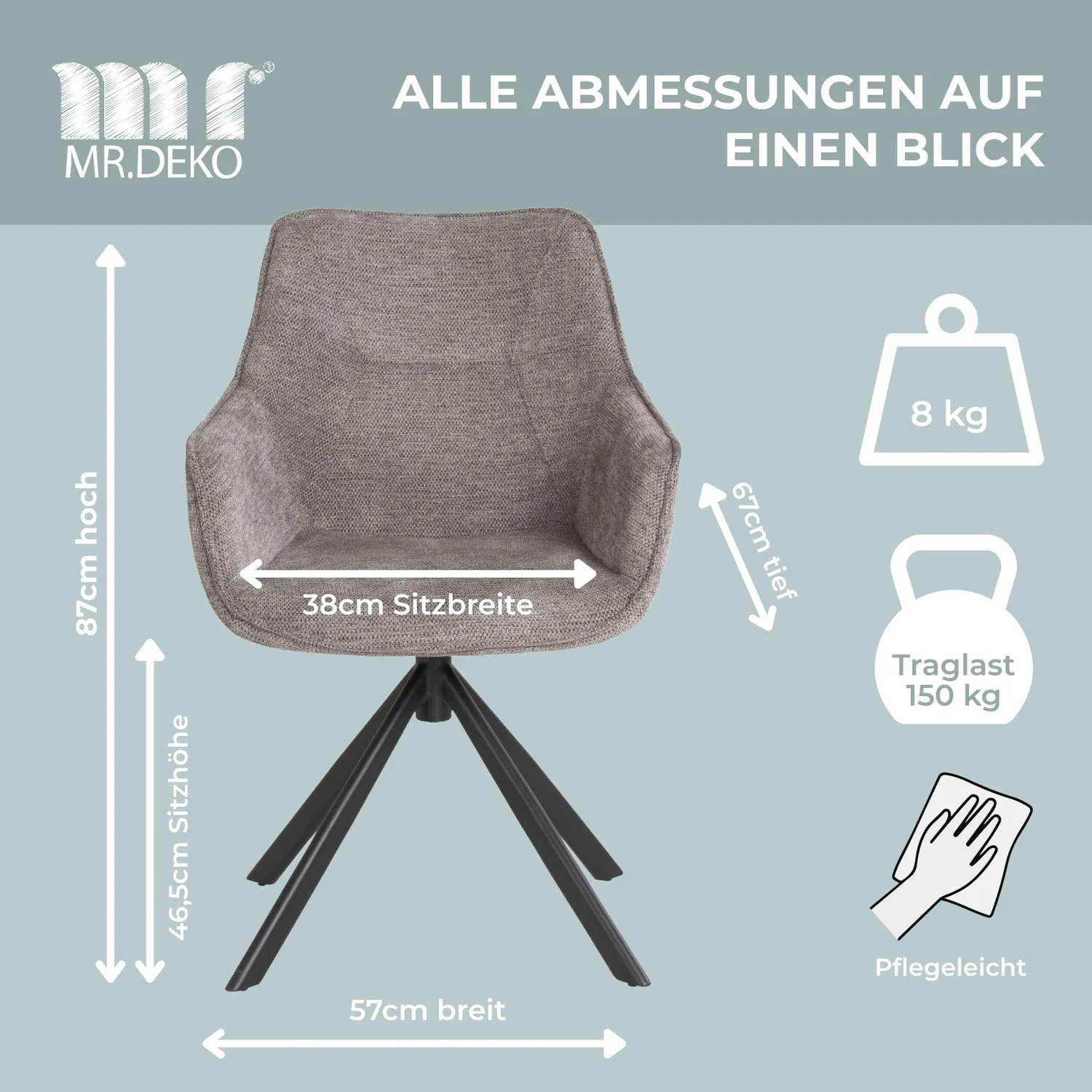 MR.DEKO San Carlo Diningsessel 4er-Set Drehbar Stoff