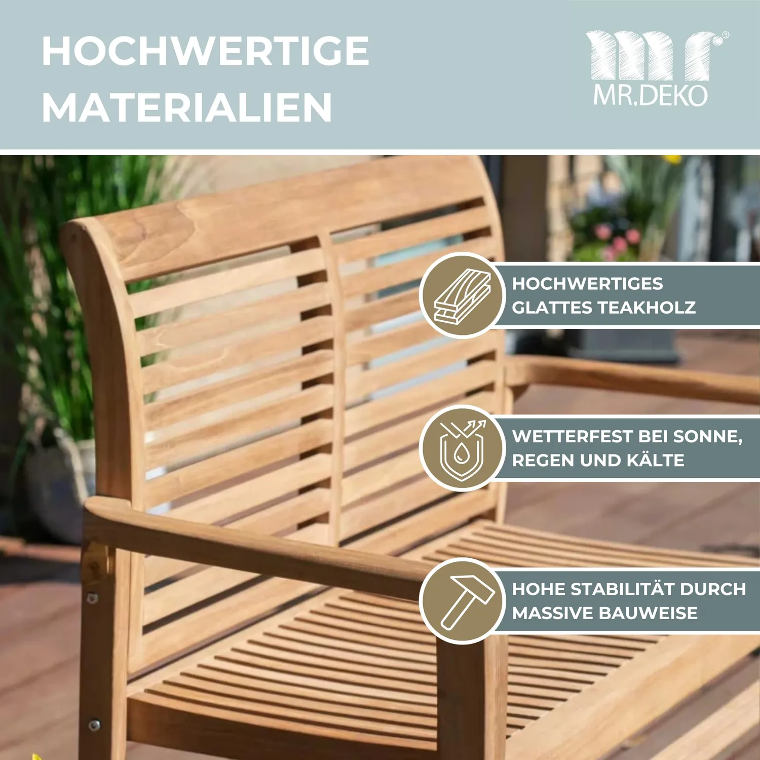 MR.DEKO Derby Gartenbank 120 cm Teakholz 2-Sitzer wetterfest
