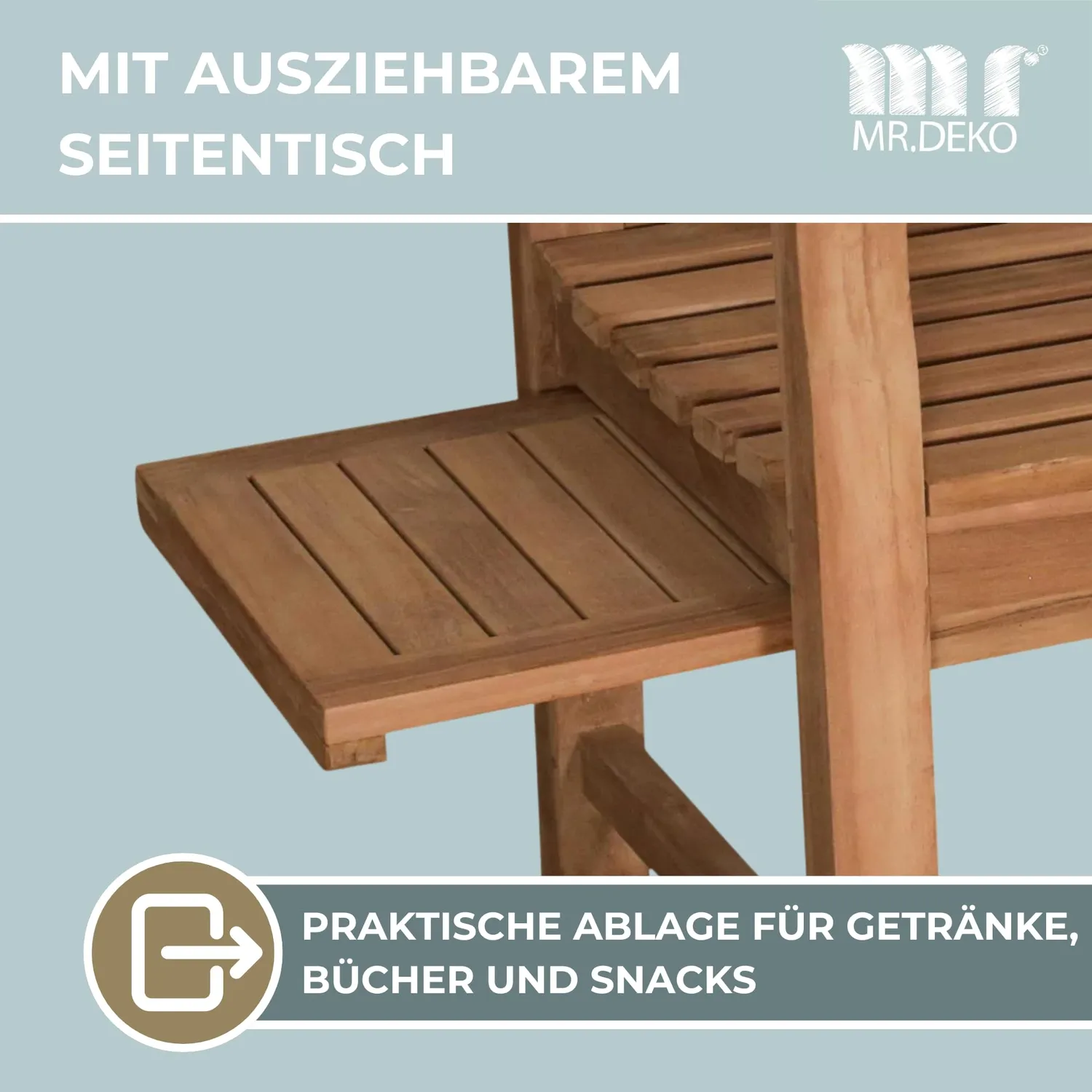 MR.DEKO Lancaster Gartenbank 120 cm Teakholz mit Ablagetisch