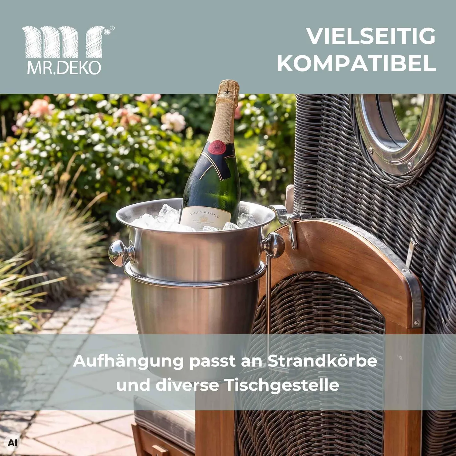 MR.DEKO Strandkorb-Zubehör Sektkühler Halterung Edelstahl