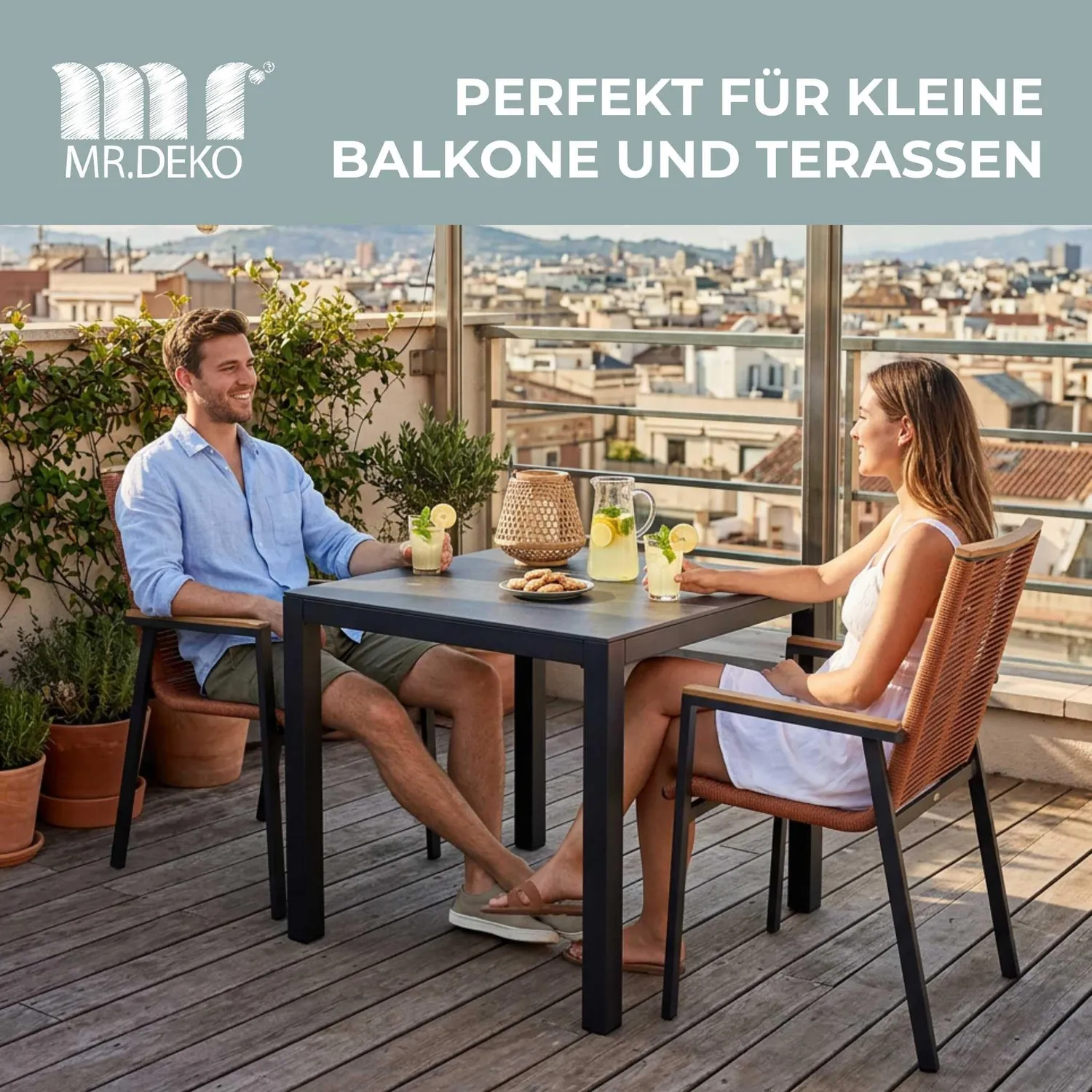 MR.DEKO Tarifa Gartenmöbelset 2 Personen Keramik 90x90 cm