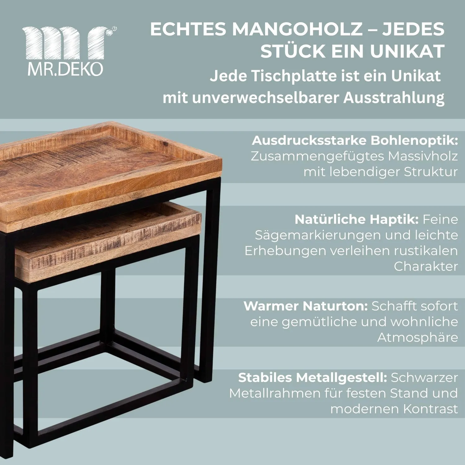 MR.DEKO Lecce Couchtisch 2er Set Mangoholz Natur eckig