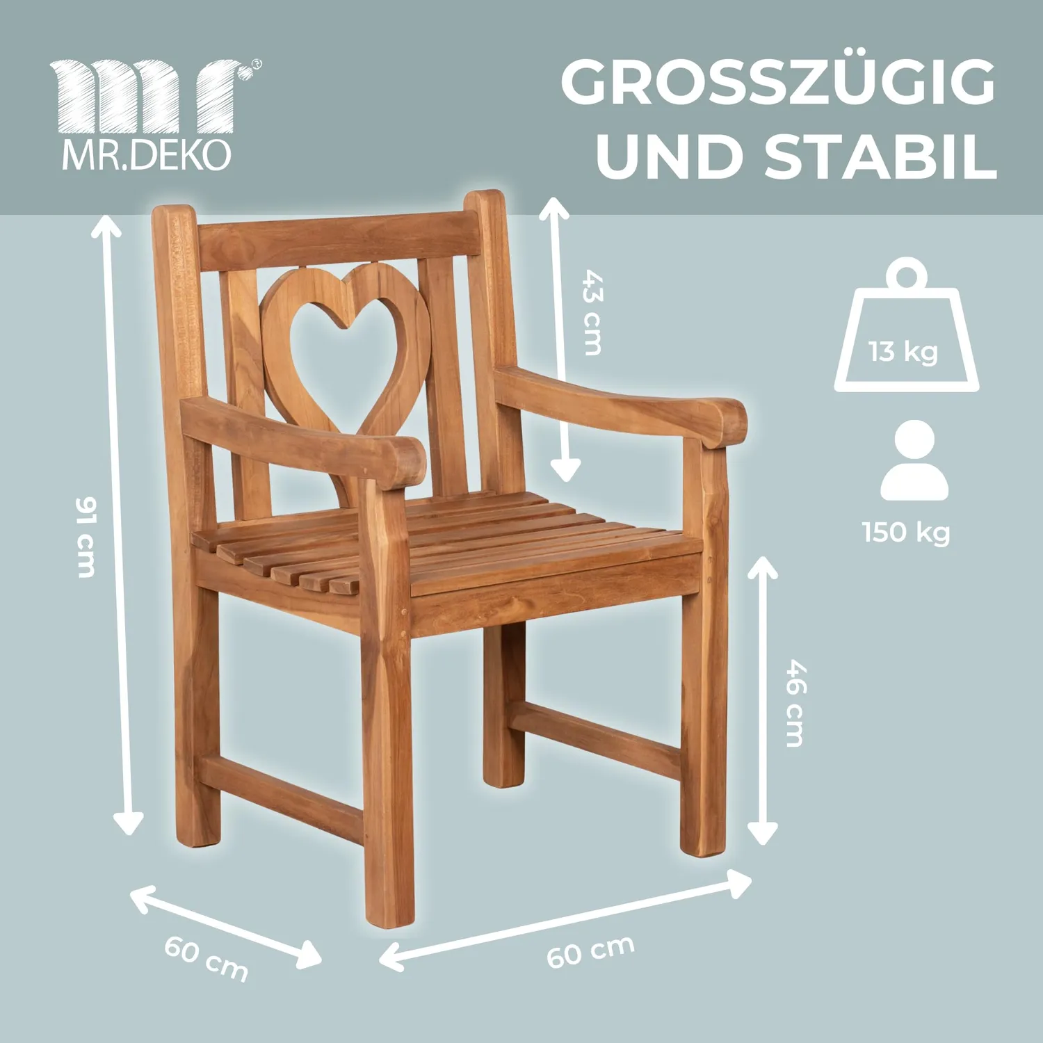 MR.DEKO Herz Gartensessel Teakholz 60x60x91